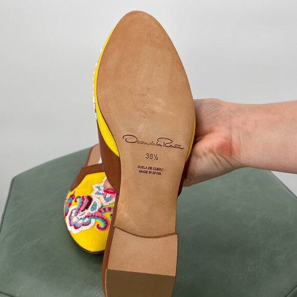 Vintage 1990s Oscar De La Renta Yellow Beaded Floral Pattern Leather Size 6.5 - Picture 3 of 7